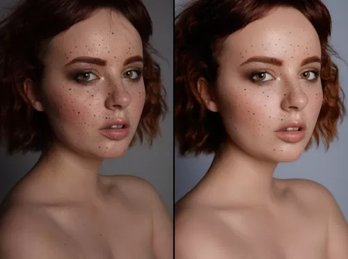 Портретная съемка рыжеволосой девушки с веснушками для профессионального бьюти-портфолио в студии